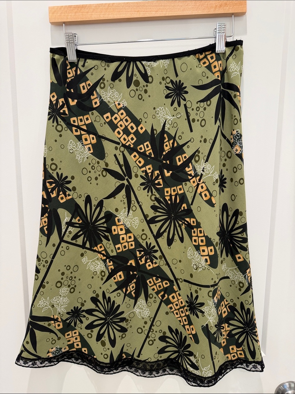 Trixxi Olive Green A-Line Skirt with Black & Tan Floral Print & elastic waist